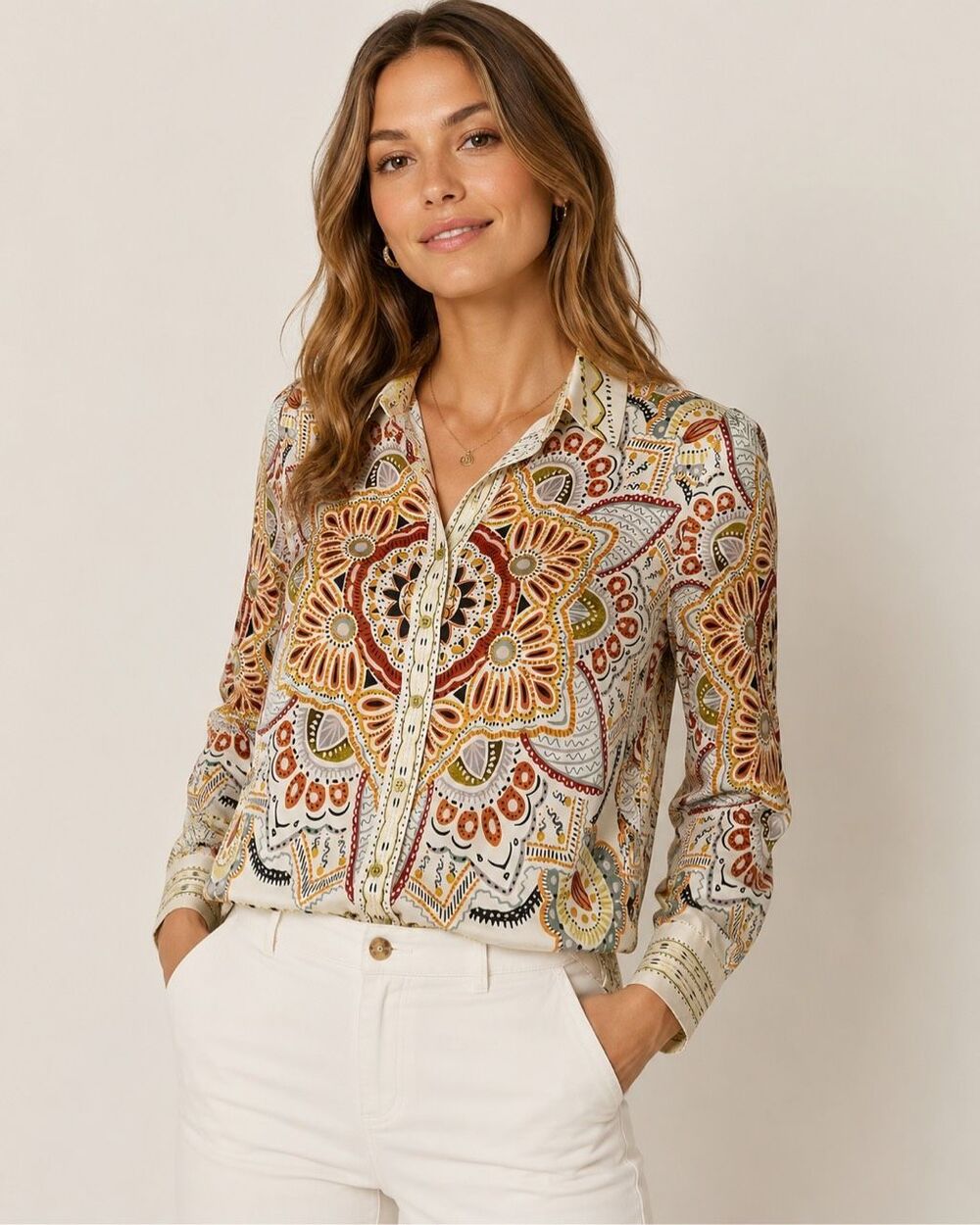 Rachel Zoe XS Mandala Print Button Front Blouse Boho Stretch Shirt
